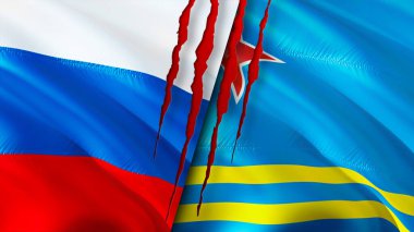 Rusya ve Aruba yara izi olan bayraklar. Dalgalanan bayrak, 3 boyutlu görüntüleme. Rusya ve Aruba çatışma konsepti. Rusya Aruba ilişkileri kavramı. Rusya bayrağı ve Aruba krizi, savaş, saldırı konsepti