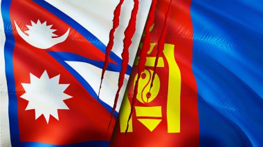 Yara izi olan Nepal ve Moğolistan bayrakları. Dalgalanan bayrak, 3 boyutlu görüntüleme. Nepal ve Moğolistan çatışma konsepti. Nepal Moğolistan ilişkileri kavramı. Nepal ve Moğolistan bayrağı krizi, savaş, saldırı konsepti
