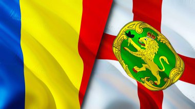 Romanya ve Alderney bayrakları. 3 boyutlu dalgalanan bayrak tasarımı. Romanya Alderney bayrağı, resim, duvar kağıdı. Romanya, Alderney 'e karşı, görüntü 3D. Romanya Alderney ilişkileri ittifak ve Ticaret, seyahat, turnuva