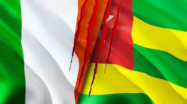 Yara izi olan İrlanda ve Togo bayrakları. 3D bayrak sallama. İrlanda ve Togo çatışma konsepti. İrlanda Togo ilişkileri kavramı. İrlanda bayrağı ve Togo krizi, savaş, saldırı konsepti