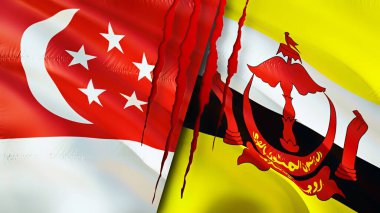 Yara izi olan Singapur ve Brunei bayrakları. Dalgalanan bayrak, 3 boyutlu görüntüleme. Singapur ve Brunei çatışma konsepti. Singapur Brunei ilişkileri kavramı. Singapur bayrağı ve Brunei krizi, savaş, attac