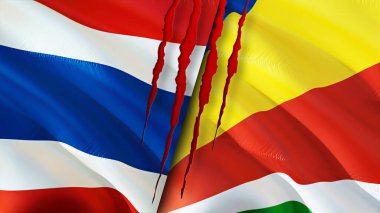 Tayland ve Seyşel bayrakları yara izi konseptiyle. Dalgalanan bayrak, 3 boyutlu görüntüleme. Tayland ve Seyşeller çatışma konsepti. Tayland Seyşeller ilişkileri kavramı. Tayland ve Seychelle bayrağı