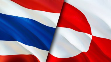 Tayland ve Grönland bayrakları. 3 boyutlu dalgalanan bayrak tasarımı. Tayland ve Grönland bayrağı, resim, duvar kağıdı. Tayland Grönland 'a karşı, görüntü 3 boyutlu. Tayland Grönland ilişkileri