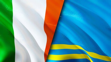 İrlanda ve Aruba bayrakları. 3 boyutlu dalgalanan bayrak tasarımı. İrlanda Aruba bayrağı, resim, duvar kağıdı. İrlanda, Aruba 'ya karşı, görüntü 3D. İrlanda Aruba ilişkileri savaş ittifakı kavramı. Ticaret, turizm konsepti.