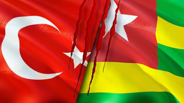 Yara izi olan hindi ve togo bayrakları. Dalgalanan bayrak, 3 boyutlu görüntüleme. Türkiye ve Togo çatışma konsepti. Türkiye Togo ilişkileri kavramı. Türkiye bayrağı ve Togo krizi, savaş, saldırı konsepti