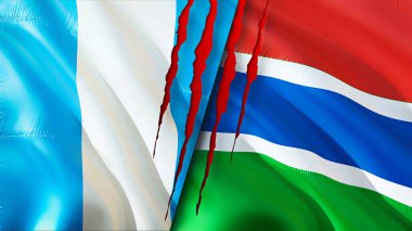 Guatemala ve Gambiya bayrakları yara izi konseptiyle. 3D bayrak sallama. Guatemala ve Gambiya çatışma konsepti. Guatemala Gambiya ilişkileri kavramı. Guatemala bayrağı ve Gambiya krizi, savaş, attac