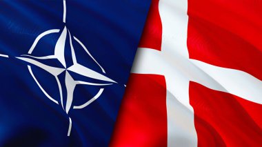 NATO ve Danimarka bayrakları. 3 boyutlu dalgalanan bayrak tasarımı. Danimarka bayrağı, resim, duvar kağıdı. NATO Danimarka 'ya karşı, görüntü 3D. NATO Danimarka ilişkileri ittifak ve ticaret, seyahat ve turizm konsepti