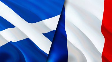 İskoçya ve Fransa bayrakları. 3 boyutlu dalgalanan bayrak tasarımı. İskoçya Fransa bayrağı, resim, duvar kağıdı. İskoçya Fransa 'ya karşı, görüntü 3 boyutlu. İskoçya Fransa ilişkileri ittifak ve ticaret, seyahat, turizm konsepti