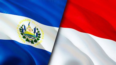 El Salvador ve Monaco bayrakları. 3 boyutlu dalgalanan bayrak tasarımı. El Salvador Monako bayrağı, resim, duvar kağıdı. El Salvador, Monako 'ya karşı, görüntü 3 boyutlu. El Salvador Monako ilişkileri savaş ittifakı kavramı. Ticaret.