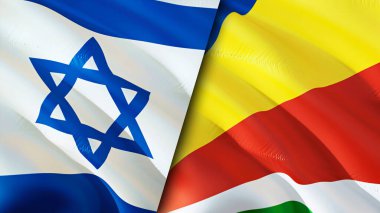 İsrail ve Seyşel bayrakları. 3 boyutlu dalgalanan bayrak tasarımı. İsrail Seyşeller bayrağı, resim, duvar kağıdı. İsrail, Seyşeller 'in 3D görüntüsüne karşı. İsrail Seyşeller ilişkileri ittifak ve ticaret, seyahat, turnuva