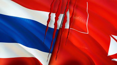 Tayland, Wallis ve yara izi olan Futuna bayrakları. Dalgalanan bayrak, 3 boyutlu görüntüleme. Tayland, Wallis ve Futuna çatışma konsepti. Tayland Wallis ve Futuna ilişkileri kavramı. Tayland bayrağı