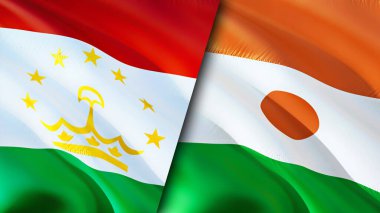 Tacikistan ve Nijer bayrakları. 3 boyutlu dalgalanan bayrak tasarımı. Tacikistan Nijer bayrağı, resim, duvar kağıdı. Tacikistan, Nijer imajına karşı, 3 boyutlu canlandırma. Tacikistan Nijer ilişkileri ittifak ve ticaret, seyahat, turnuva