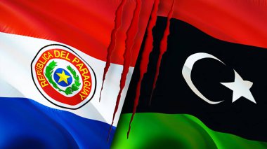 Paraguay ve Libya bayraklarında yara izi var. Dalgalanan bayrak, 3 boyutlu görüntüleme. Paraguay ve Libya çatışma konsepti. Paraguay Libya ilişkileri kavramı. Paraguay bayrağı ve Libya krizi, savaş, saldırı konsepti
