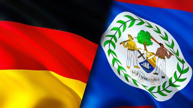 Almanya ve Belize bayrakları. 3 boyutlu dalgalanan bayrak tasarımı. Almanya Belize bayrağı, resim, duvar kağıdı. Almanya, Belize 'ye karşı, görüntü 3 boyutlu. Almanya, ilişkiler ittifak ve ticaret, seyahat ve turizm kavramlarını Belize 'ledi
