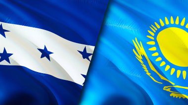Honduras ve Kazakistan bayrakları. 3 boyutlu dalgalanan bayrak tasarımı. Honduras Kazakistan bayrağı, resim, duvar kağıdı. Honduras Kazakistan 'a karşı, görüntü 3 boyutlu. Honduras Kazakistan ittifakı