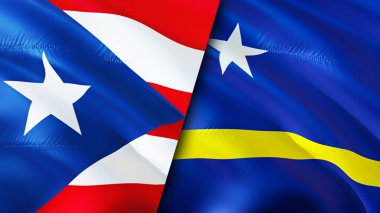 Porto Riko ve Curacao bayrakları. 3 boyutlu dalgalanan bayrak tasarımı. Porto Riko Curacao bayrağı, resim, duvar kağıdı. Porto Riko, Curacao 'ya karşı, görüntü 3 boyutlu. Porto Riko Curacao İlişkiler Birliği ve
