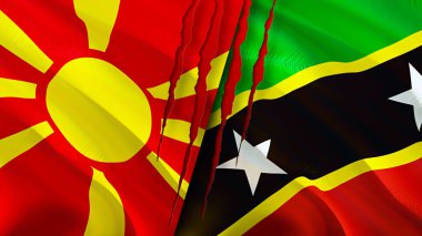 Kuzey Makedonya ve Saint Kitts ve Nevis yara izi kavramına sahip bayraklar. Dalgalanan bayrak, 3 boyutlu görüntüleme. Kuzey Makedonya ve Saint Kitts ve Nevis çatışma konsepti. Kuzey Makedonya Saint Kitts ve Nevi