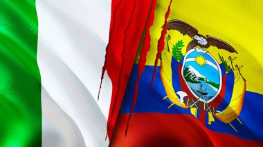 İtalya ve Ekvador bayraklarında yara izi var. Dalgalanan bayrak, 3 boyutlu görüntüleme. İtalya ve Ekvador çatışma konsepti. İtalya Ekvador ilişkileri kavramı. İtalya bayrağı ve Ekvador krizi, savaş, saldırı konsepti