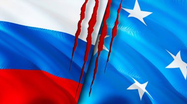 Rusya ve Mikronezya yara izi olan bayraklar. Dalgalanan bayrak, 3 boyutlu görüntüleme. Rusya ve Mikronezya çatışma konsepti. Rusya Mikronezya ilişkileri kavramı. Rusya bayrağı ve Mikronezya krizi, savaş, attac
