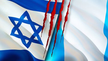 Yara izi olan İsrail ve Guatemala bayrakları. Dalgalanan bayrak, 3 boyutlu görüntüleme. İsrail ve Guatemala çatışma konsepti. İsrail Guatemala ilişkileri kavramı. İsrail bayrağı ve Guatemala krizi, savaş, attac