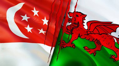 Yara izi olan Singapur ve Galler bayrakları. Dalgalanan bayrak, 3 boyutlu görüntüleme. Singapur ve Galler çatışması konsepti. Singapur Galler ilişkileri kavramı. Singapur ve Galler bayrağı krizi, savaş, saldırı konsepti