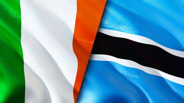 İrlanda ve Botswana bayrakları. 3 boyutlu dalgalanan bayrak tasarımı. İrlanda Botswana bayrağı, resim, duvar kağıdı. İrlanda, Botswana 'ya karşı, görüntü 3 boyutlu. İrlanda Botsvana ilişkileri savaş ittifakı kavramı. Ticaret, turnuva.