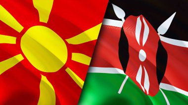 Kuzey Makedonya ve Kenya bayrakları. 3 boyutlu dalgalanan bayrak tasarımı. Kuzey Makedonya Kenya bayrağı, resim, duvar kağıdı. Kuzey Makedonya Kenya 'ya karşı, görüntü 3D. Kuzey Makedonya Kenya ilişkileri ittifakı