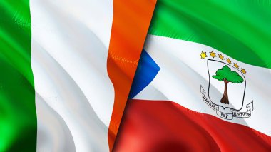 İrlanda ve Ekvator Ginesi bayrakları. 3 boyutlu dalgalanan bayrak tasarımı. İrlanda Ekvator Gine bayrağı, resim, duvar kağıdı. İrlanda, Ekvator Ginesi 'ne karşı, görüntü 3D. İrlanda Ekvator Ginesi İlişkisi