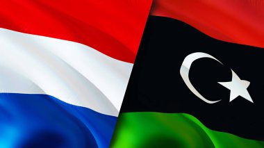Hollanda ve Libya bayrakları. 3 boyutlu dalgalanan bayrak tasarımı. Hollanda Libya bayrağı, resim, duvar kağıdı. Hollanda, Libya imajına karşı, 3D görüntüleme. Hollanda Libya ilişkileri ittifak ve ticaret, seyahat, turnuva