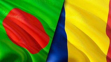 Bangladeş ve Çad bayrakları. 3 boyutlu dalgalanan bayrak tasarımı. Bangladeş Chad bayrağı, resim, duvar kağıdı. Bangladeş, Chad 'e karşı, görüntü 3 boyutlu. Bangladeş Çad ilişkileri ittifak ve ticaret, seyahat, turizm konsepti