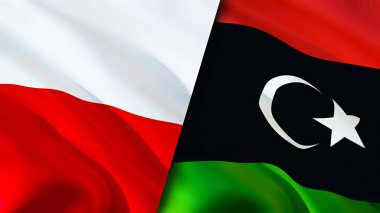 Polonya ve Libya bayrakları. 3 boyutlu dalgalanan bayrak tasarımı. Polonya Libya bayrağı, resim, duvar kağıdı. Polonya Libya 'ya karşı, görüntü 3D. Polonya Libya ilişkileri ittifak ve ticaret, seyahat, turizm konsepti