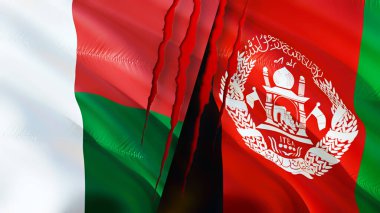 Madagaskar ve Afganistan bayrakları yara izi konseptiyle. Dalgalanan bayrak, 3 boyutlu görüntüleme. Madagaskar ve Afganistan çatışma konsepti. Madagaskar Afganistan ilişkileri kavramı. Madagaskar bayrağı