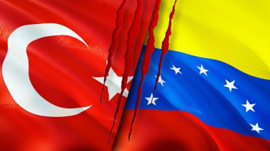 Hindi ve Venezuela bayraklarında yara izi var. Dalgalanan bayrak, 3 boyutlu görüntüleme. Türkiye ve Venezuela çatışma konsepti. Türkiye Venezuela ilişkileri kavramı. Türkiye bayrağı ve Venezuela krizi, savaş, attac