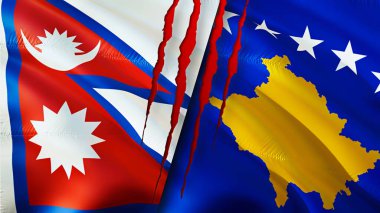 Yara izi olan Nepal ve Kosova bayrakları. Dalgalanan bayrak, 3 boyutlu görüntüleme. Nepal ve Kosova ihtilaf kavramı. Nepal Kosova ilişkileri kavramı. Nepal bayrağı ve Kosova krizi, savaş, saldırı konsepti