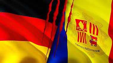 Almanya ve Andorra yara izi kavramına sahip bayraklar. Dalgalanan bayrak, 3 boyutlu görüntüleme. Almanya ve Andorra çatışma konsepti. Almanya Andorra ilişkileri kavramı. Alman bayrağı ve Andorra krizi, savaş, saldırı konsepti