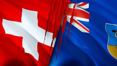 Yara izi olan İsviçre ve Montserrat bayrakları. Dalgalanan bayrak, 3 boyutlu görüntüleme. İsviçre ve Montserrat çatışma konsepti. İsviçre Montserrat ilişkileri kavramı. İsviçre bayrağı ve