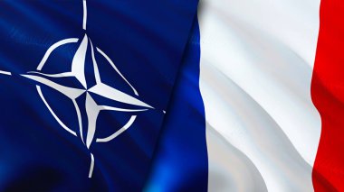 NATO ve Fransa bayrakları. 3 boyutlu dalgalanan bayrak tasarımı. Fransa NATO bayrağı, resim, duvar kağıdı. NATO Fransa 'ya karşı imaj, 3D görüntüleme. NATO Fransa ilişkileri ittifak ve ticaret, seyahat, turizm konsepti