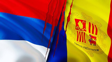 Sırbistan ve Andorra yara izi kavramına sahip bayraklar taşıyor. Dalgalanan bayrak, 3 boyutlu görüntüleme. Sırbistan ve Andorra ihtilaf kavramı. Sırbistan Andorra ilişkileri kavramı. Sırbistan bayrağı ve Andorra krizi, savaş, saldırı konsepti