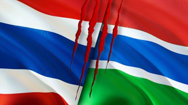 Yara izi olan Tayland ve Gambiya bayrakları. Dalgalanan bayrak, 3 boyutlu görüntüleme. Tayland ve Gambiya çatışması kavramı. Tayland Gambiya ilişkileri kavramı. Tayland ve Gambiya bayrağı krizi, savaş, saldırı konsepti