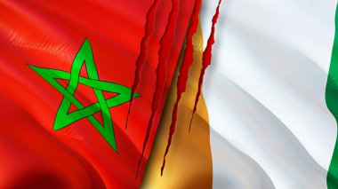 Morocco ve Cote d 'Ivoire bayraklarında yara izi var. Dalgalanan bayrak, 3 boyutlu görüntüleme. Fas ve Fildişi Sahili çatışma konsepti. Fas Fildişi Sahili İlişkileri konsepti. Fas bayrağı ve Fildişi Sahili