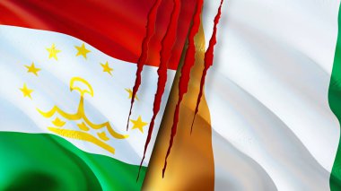 Tacikistan ve Fildişi Sahili bayrakları yara izi konseptiyle. Dalgalanan bayrak, 3 boyutlu görüntüleme. Tacikistan ve Fildişi Sahili çatışma konsepti. Tacikistan Fildişi Sahili İlişkileri konsepti. Tacikistan ve Cot bayrağı