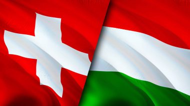 İsviçre ve Macaristan bayrakları. 3 boyutlu dalgalanan bayrak tasarımı. İsviçre Macaristan bayrağı, resim, duvar kağıdı. İsviçre, Macaristan 'a karşı, görüntü 3D. İsviçre Macaristan ilişkileri ittifakı