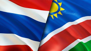 Tayland ve Namibya bayrakları. 3 boyutlu dalgalanan bayrak tasarımı. Tayland Namibya bayrağı, resim, duvar kağıdı. Tayland, Namibya 'ya karşı, görüntü 3 boyutlu. Tayland Namibya ilişkileri ittifak ve ticaret, seyahat, turnuva