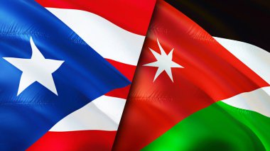 Porto Riko ve Ürdün bayrakları. 3 boyutlu dalgalanan bayrak tasarımı. Porto Riko Jordan bayrağı, resim, duvar kağıdı. Porto Riko, Jordan 'a karşı, 3 boyutlu görüntü. Porto Riko Jordan ilişkileri ve