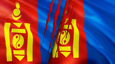 Yara izi olan Moğolistan ve Moğolistan bayrakları. Dalgalanan bayrak, 3 boyutlu görüntüleme. Moğolistan ve Moğolistan çatışma konsepti. Moğolistan Moğolistan ilişkileri. Moğolistan bayrağı ve Moğolistan krizi, savaş, attac