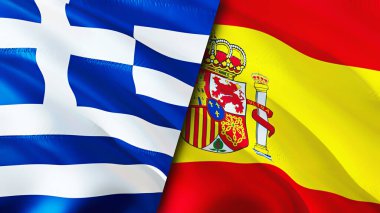 Yunanistan ve İspanya bayrakları. 3 boyutlu dalgalanan bayrak tasarımı. Yunanistan İspanya bayrağı, resim, duvar kağıdı. Yunanistan, İspanya 'ya karşı, görüntü 3D. Yunanistan İspanya ilişkileri ittifak ve ticaret, seyahat ve turizm kavramları