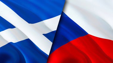 İskoçya ve Çek bayrakları. 3 boyutlu dalgalanan bayrak tasarımı. İskoçya Çek bayrağı, resim, duvar kağıdı. İskoçya, Çek imajına karşı, 3D görüntüleme. İskoçya Çek İlişkileri İttifak ve Ticaret, Seyahat, Turizm Konsepti