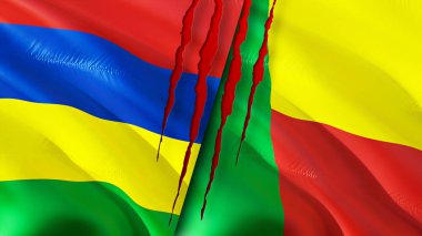 Mauritius ve Benin bayrakları yara izi konseptiyle. Dalgalanan bayrak, 3 boyutlu görüntüleme. Mauritius ve Benin çatışma konsepti. Mauritius Benin ilişkileri kavramı. Mauritius ve Benin bayrağı kriz, savaş, saldırı konsepti