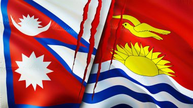 Yara izi olan Nepal ve Kiribati bayrakları. Dalgalanan bayrak, 3 boyutlu görüntüleme. Nepal ve Kiribati çatışma konsepti. Nepal Kiribati ilişkileri kavramı. Nepal ve Kiribati krizi bayrağı, savaş, saldırı konsepti