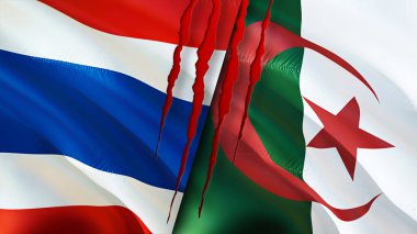 Yara izi olan Tayland ve Cezayir bayrakları. Dalgalanan bayrak, 3 boyutlu görüntüleme. Tayland ve Cezayir çatışma konsepti. Tayland Cezayir ilişkileri kavramı. Tayland bayrağı ve Cezayir krizi, savaş, attac